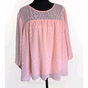 Ophelia Roe Peach Sheer Polka Dot Print Smocked Long Sleeve Blouse Top Plus 3X